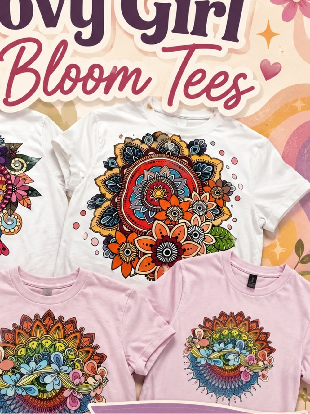 Short-Sleeve Tees with Multicolor Boho Blooms Mandala Graphics size L 3 colors